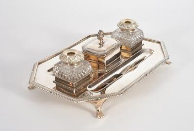 Vintage English Silver Plated Copper Footed Inkwells