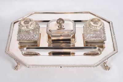 Vintage English Silver Plated Copper Footed Inkwells