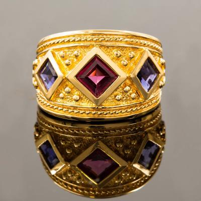 Vintage Etruscan Revival Style 14k Yellow Gold and Gemstone Ring Size 8