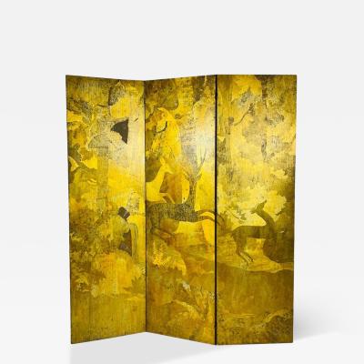 Vintage Folding Screen Room Divider with Gold Leaf Flora Fauna Details