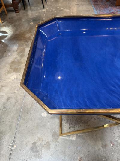Vintage Folding Tray Table with Blue Enamel Tray and Brass Base 1970s