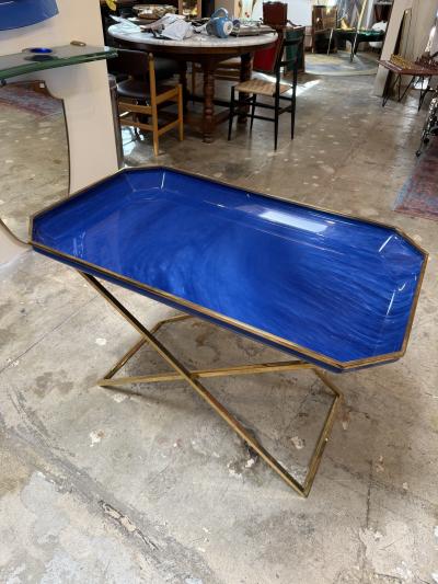 Vintage Folding Tray Table with Blue Enamel Tray and Brass Base 1970s