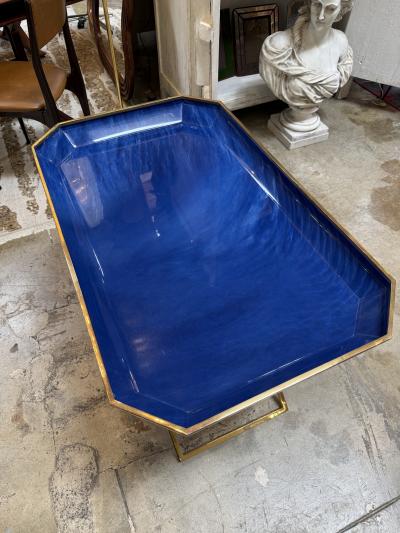 Vintage Folding Tray Table with Blue Enamel Tray and Brass Base 1970s