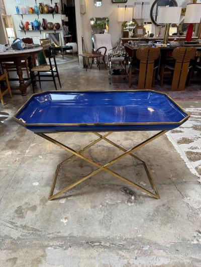 Vintage Folding Tray Table with Blue Enamel Tray and Brass Base 1970s