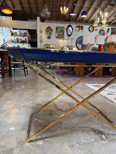 Vintage Folding Tray Table with Blue Enamel Tray and Brass Base 1970s