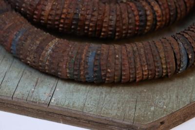 Vintage Folk Art Hand Carved Wood and Bottlecap Snake on Octagonal Base