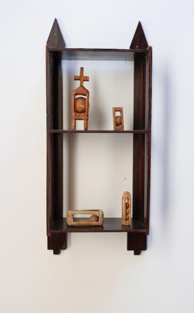 Vintage Folk Art Hand Carved and Stained Walnut Wall Shelf with Arrows Motif