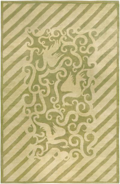 Vintage French Art Deco Green Handmade Wool Rug