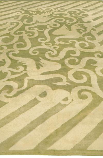 Vintage French Art Deco Green Handmade Wool Rug