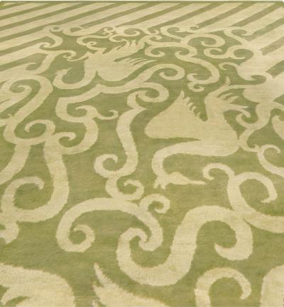 Vintage French Art Deco Green Handmade Wool Rug