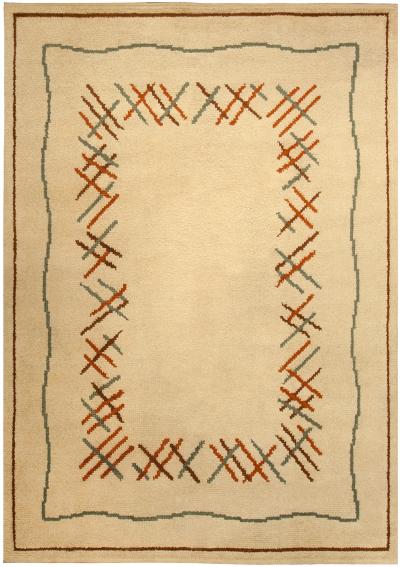 Vintage French Art Deco Ivory Orange Green Hand Knotted Wool Rug