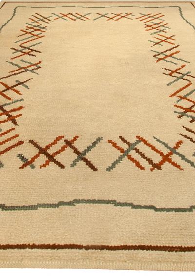 Vintage French Art Deco Ivory Orange Green Hand Knotted Wool Rug