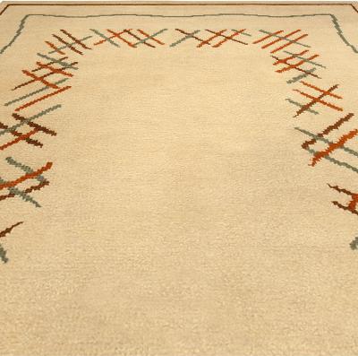 Vintage French Art Deco Ivory Orange Green Hand Knotted Wool Rug
