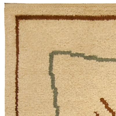 Vintage French Art Deco Ivory Orange Green Hand Knotted Wool Rug
