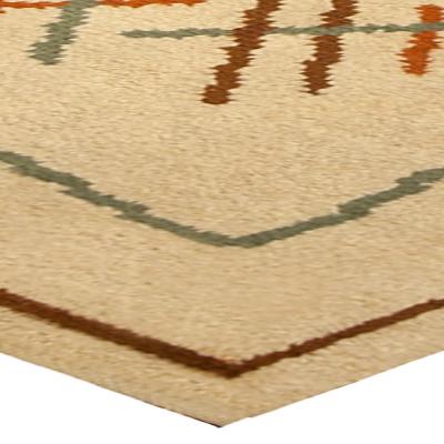 Vintage French Art Deco Ivory Orange Green Hand Knotted Wool Rug