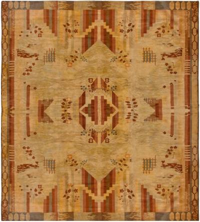 Vintage French Art Deco Red Brown and Beige Handwoven Wool Rug