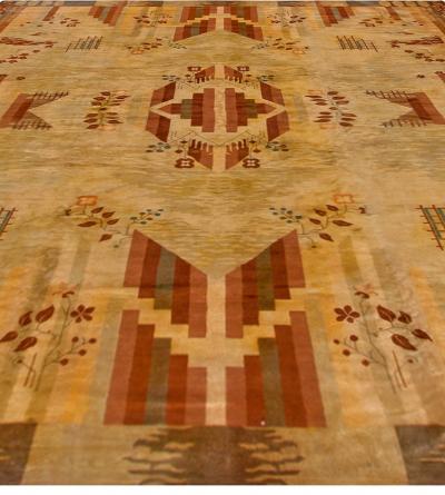 Vintage French Art Deco Red Brown and Beige Handwoven Wool Rug