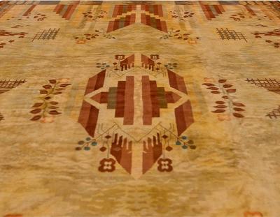 Vintage French Art Deco Red Brown and Beige Handwoven Wool Rug