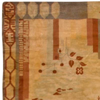Vintage French Art Deco Red Brown and Beige Handwoven Wool Rug