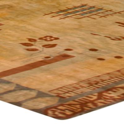 Vintage French Art Deco Red Brown and Beige Handwoven Wool Rug