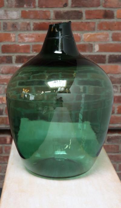 Vintage French Blown Glass Wide Neck Demijohn Carboy in Teal Green