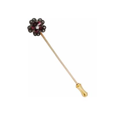 Vintage French Gold Ruby Diamond Flower Stick Pin