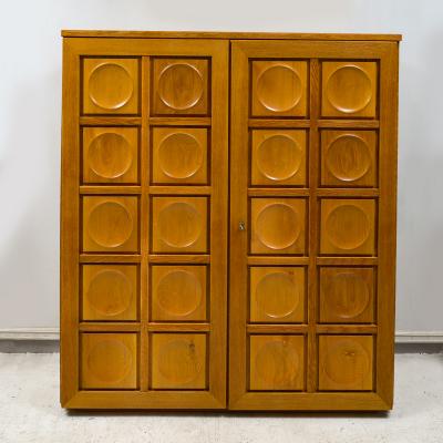 Vintage French Graphic Oak Cabinet with Geometric Pattern