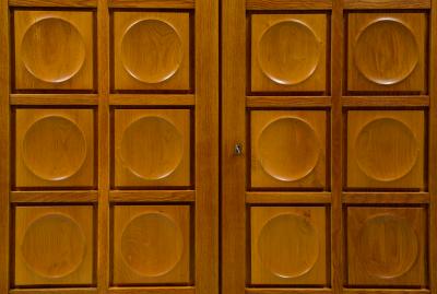 Vintage French Graphic Oak Cabinet with Geometric Pattern