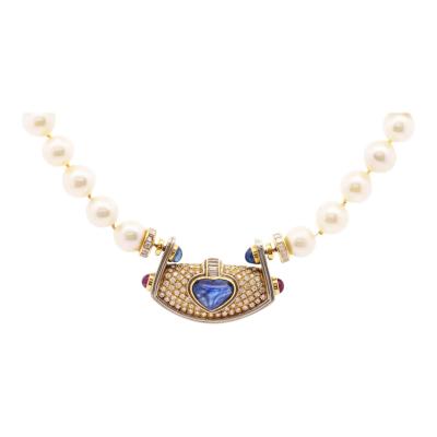 Vintage GIA Certified 5 Carat Heart Blue Sapphire Diamond Pearl Necklace