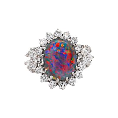 Vintage GIA Certified Black Opal Mixed Cut Diamond Halo 14K Cocktail Ring