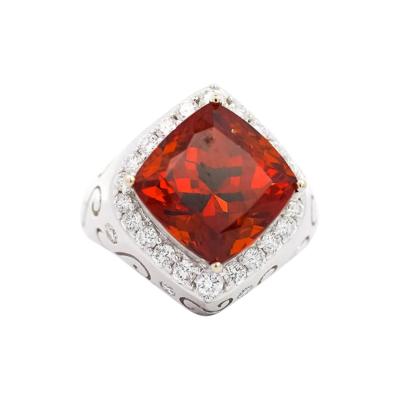 Vintage GIA Certified Orange Spessartine Garnet Diamond 18K White Gold Ring