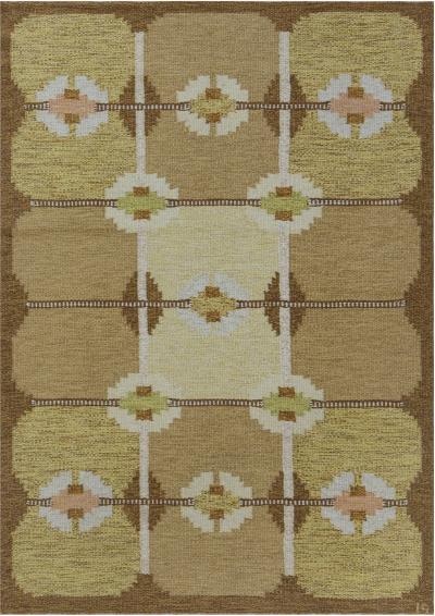 Vintage Geometric Swedish Beige Brown Gold Green Wool Rug by Ingegerd Silow
