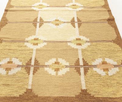 Vintage Geometric Swedish Beige Brown Gold Green Wool Rug by Ingegerd Silow