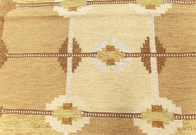 Vintage Geometric Swedish Beige Brown Gold Green Wool Rug by Ingegerd Silow