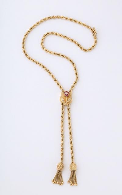 Vintage Gold Lariat on Rope Twist Chain with Tassels and a Ruby Flower