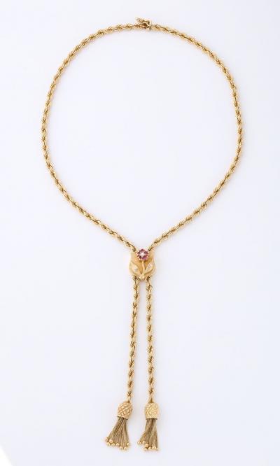 Vintage Gold Lariat on Rope Twist Chain with Tassels and a Ruby Flower
