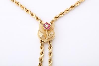 Vintage Gold Lariat on Rope Twist Chain with Tassels and a Ruby Flower