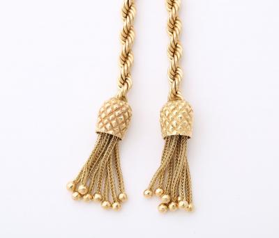 Vintage Gold Lariat on Rope Twist Chain with Tassels and a Ruby Flower