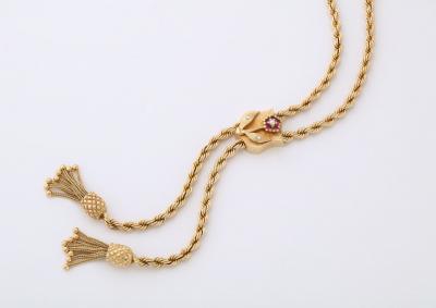 Vintage Gold Lariat on Rope Twist Chain with Tassels and a Ruby Flower
