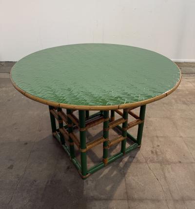 Vintage Green Faux Bamboo Rattan Round Coffee Table