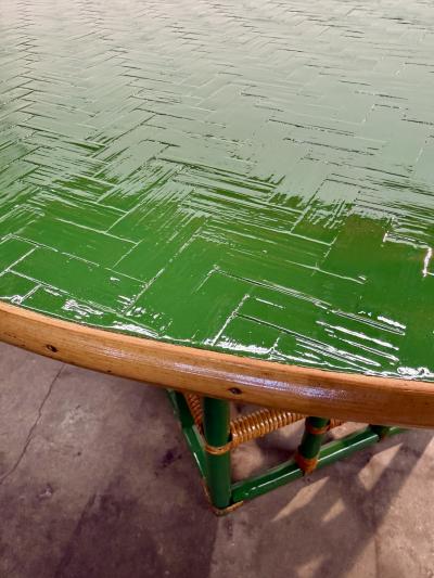 Vintage Green Faux Bamboo Rattan Round Coffee Table