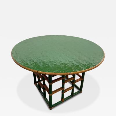 Vintage Green Faux Bamboo Rattan Round Coffee Table