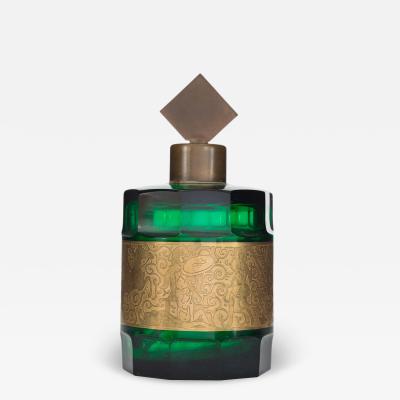 Vintage Green Glass and Gilt Metal Perfume Bottle