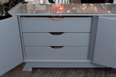 Vintage Grey Satin Lacquer Dresser with Glass Top and Greek Key Detail