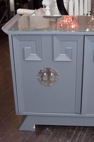 Vintage Grey Satin Lacquer Dresser with Glass Top and Greek Key Detail