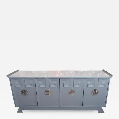 Vintage Grey Satin Lacquer Dresser with Glass Top and Greek Key Detail