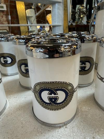 Vintage Gucci Ice Bucket and Glass Set With Logo Italy 1970