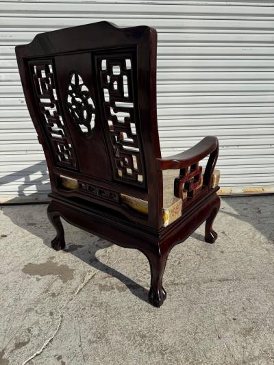 Vintage Hand Carved Chinese Chippendale Solid Rosewood Lounge Chair