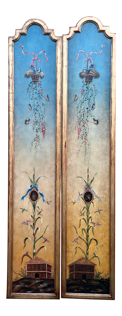 Vintage Hand Painted Scenic Diptych Oil Painting Panels a Pair