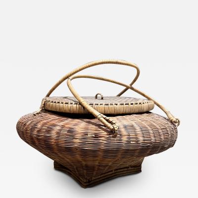 Vintage Hand Woven Lidded Basket with Handle